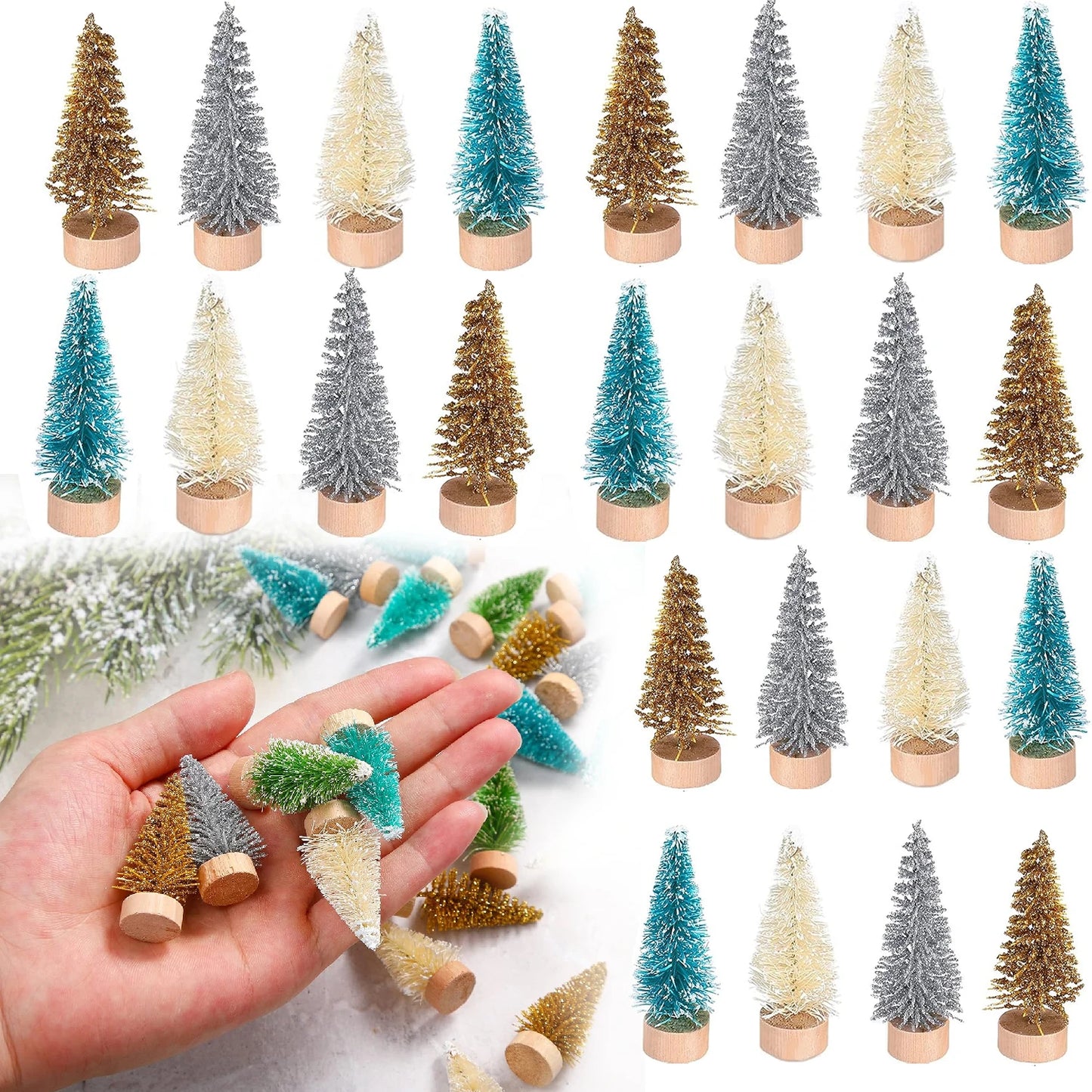 5/500 Stück Mini Weihnachtsbaum – Kleine Künstliche Tannenbaum-Ornamente aus Sisal mit Holzsockel für Weihnachts- & Partydekoration