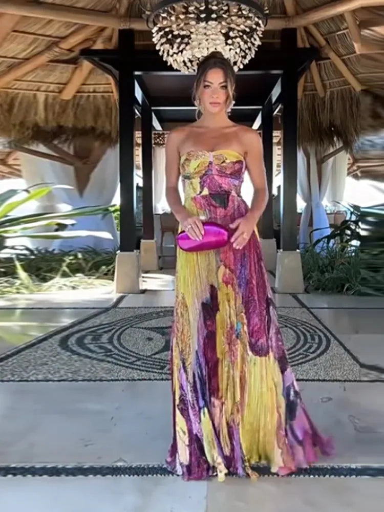 Elegant Printed Long Party Dress Women Strapless Sleeveless Backless Slim Sling Pleated Dresses 2025 Summer Lady Party Robes New