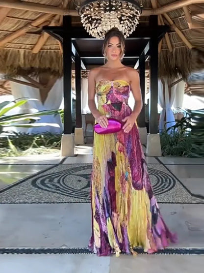 Elegant Printed Long Party Dress Women Strapless Sleeveless Backless Slim Sling Pleated Dresses 2025 Summer Lady Party Robes New