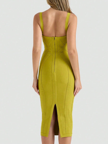 THE ERA Women's Fashion Spring Summer Sexy Elegant Spaghetti Strap Green Midi Ribbed Slit Bodycon Bandage Dress Party Cocktail