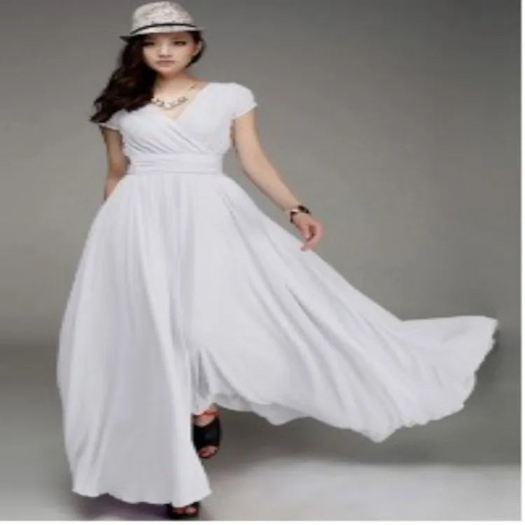 Women's Short-Sleeved Chiffon Evening Dress, Female Party Dress, Monochromatic, Bohemian, Long, Elegant, New, 2022