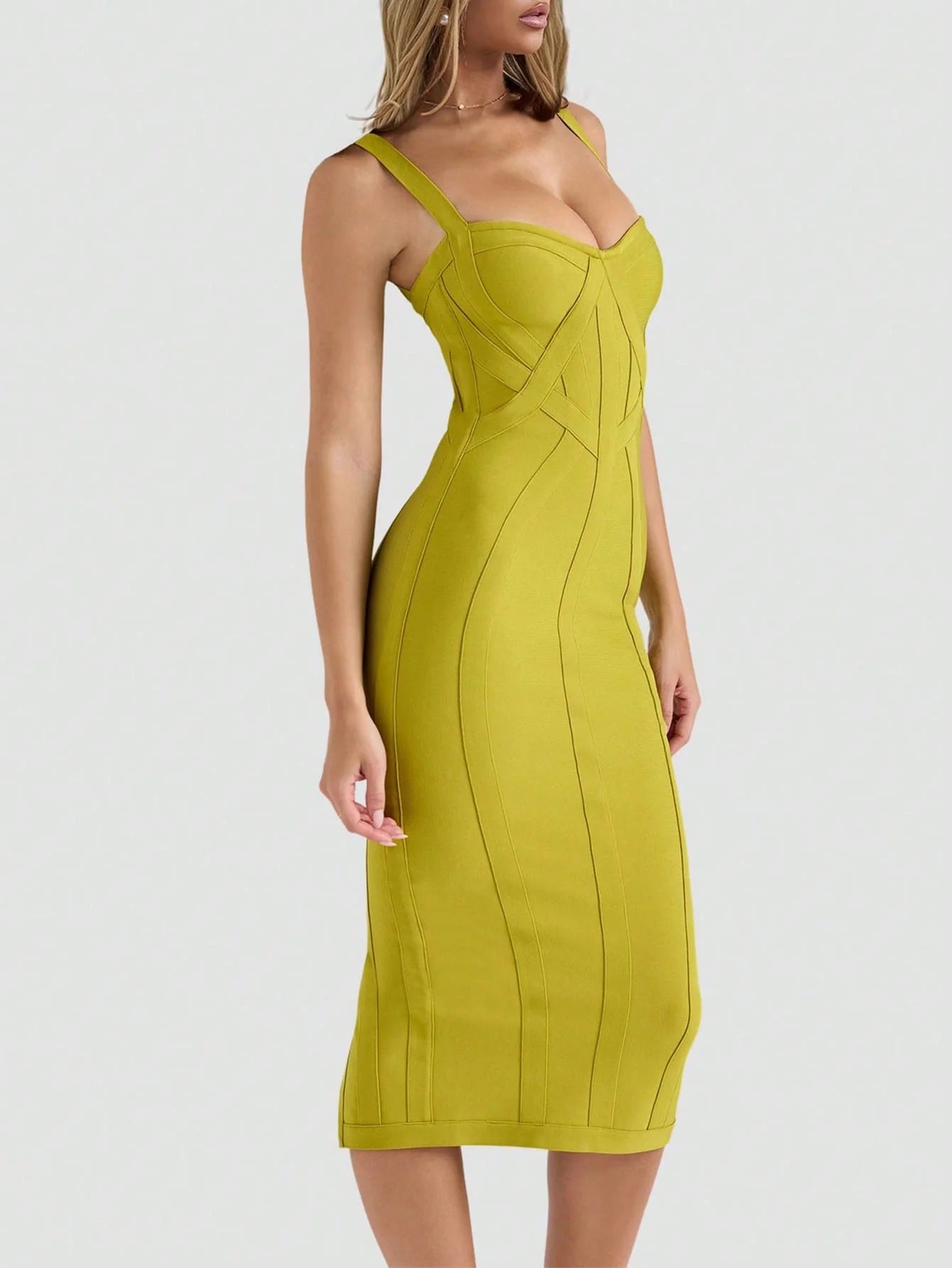 THE ERA Women's Fashion Spring Summer Sexy Elegant Spaghetti Strap Green Midi Ribbed Slit Bodycon Bandage Dress Party Cocktail