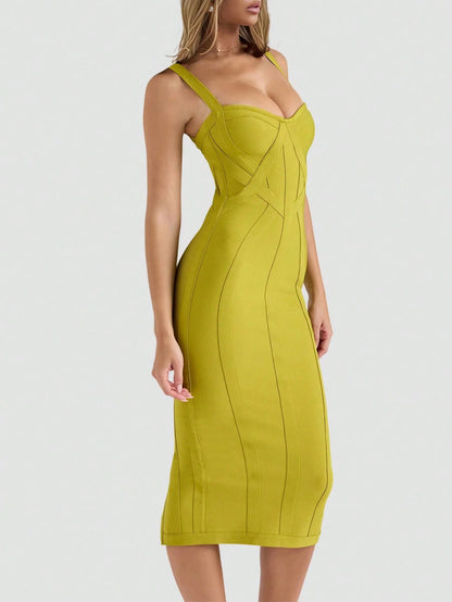 THE ERA Women's Fashion Spring Summer Sexy Elegant Spaghetti Strap Green Midi Ribbed Slit Bodycon Bandage Dress Party Cocktail
