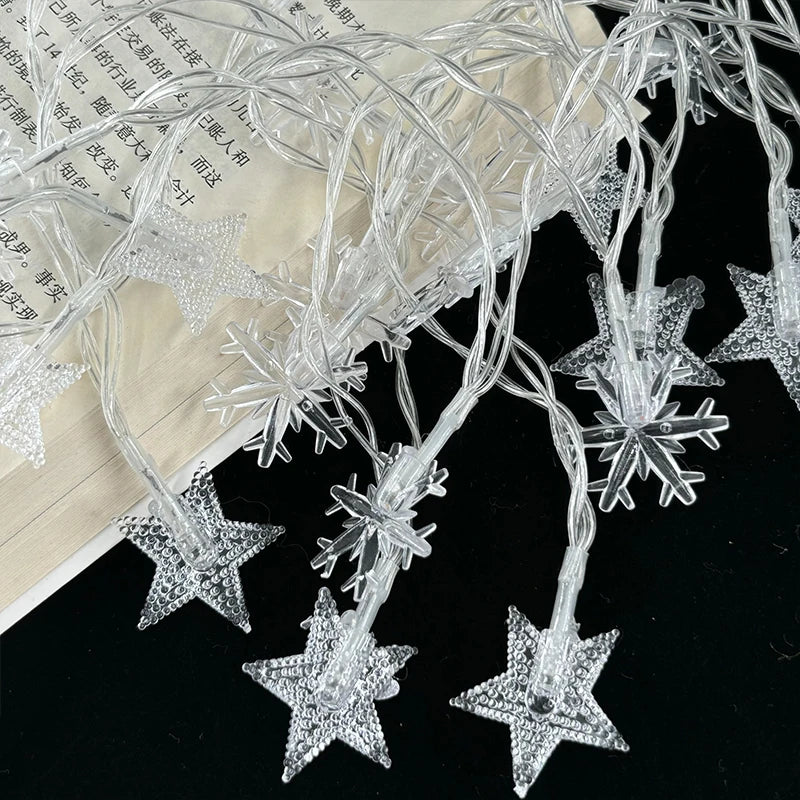 1–10 m LED-Weihnachtsbeleuchtung – Schneeflocken & Stern Lichterkette, warmweiß, Girlande für Weihnachtsbaum, Garten & DIY-Dekoration