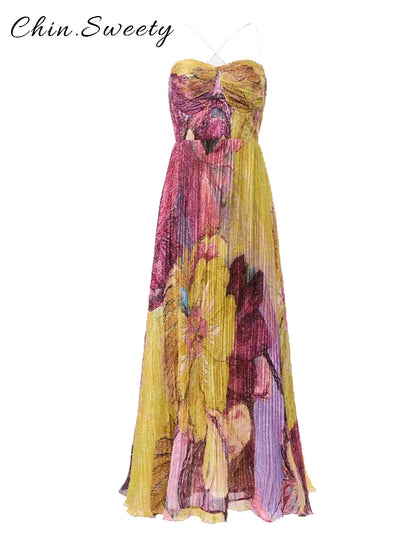 Elegant Printed Long Party Dress Women Strapless Sleeveless Backless Slim Sling Pleated Dresses 2025 Summer Lady Party Robes New