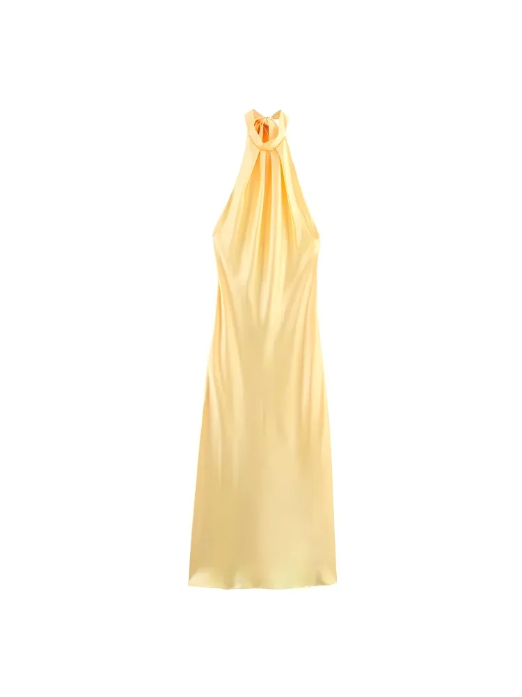 KONDALA Sexy Chic Yellow Women Dress Solid Halter Sleeveless Backless Lace-up Long Vestidos New Fashion 2025 Evening Club Dress