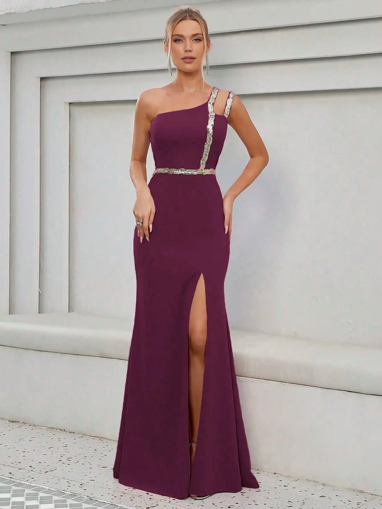 Mgiacy Sequin ribbon slit backless elegant evening gown Ball dress Party dress Bridesmaid dress