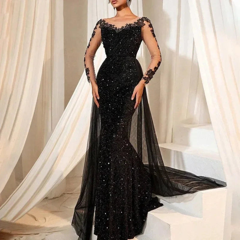 Elegant Long Lace Evening Dress for Women Fashionable Party Ball Gown Floor Length V Neck Polyester Fiber Empire Waist