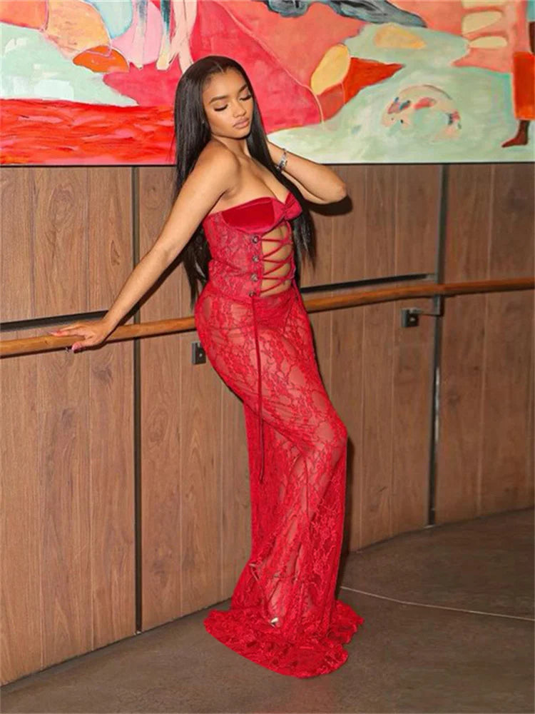 Nibber Lace Sexy Women Maxi Dress Stunning Coquette See Through Patchwork Drawstring Strapless Bodycon Mujer Midnight Club Robe