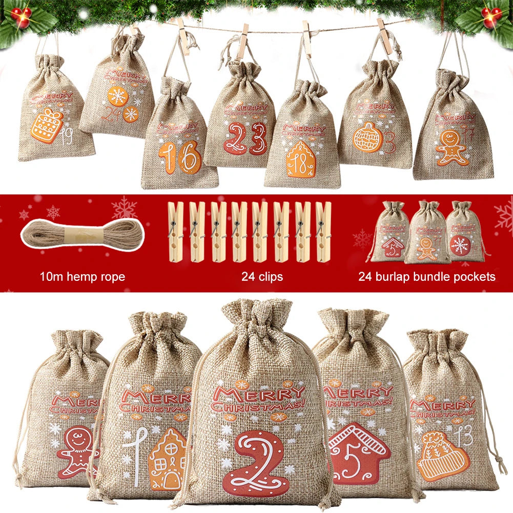 Weihnachts-Adventskalender-Taschen, 24-Tage-Countdown-Set, Süßigkeitentaschen mit Kordelzug, Geschenktüten zum Aufhängen für Party und Heimdekoration