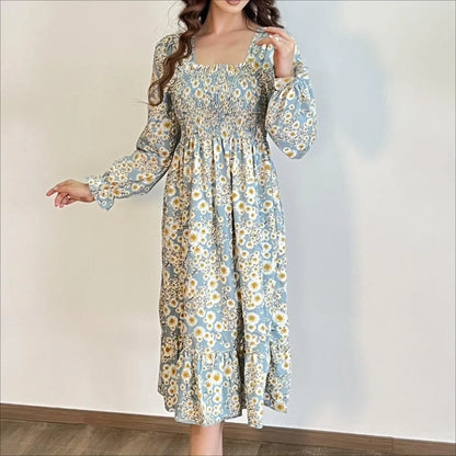Autumn Spring Casual Dress Women Chiffon Dresses Long Sleeve A-line Printed Floral Elastic Chest Lace Up Midi Dresses Vestidos