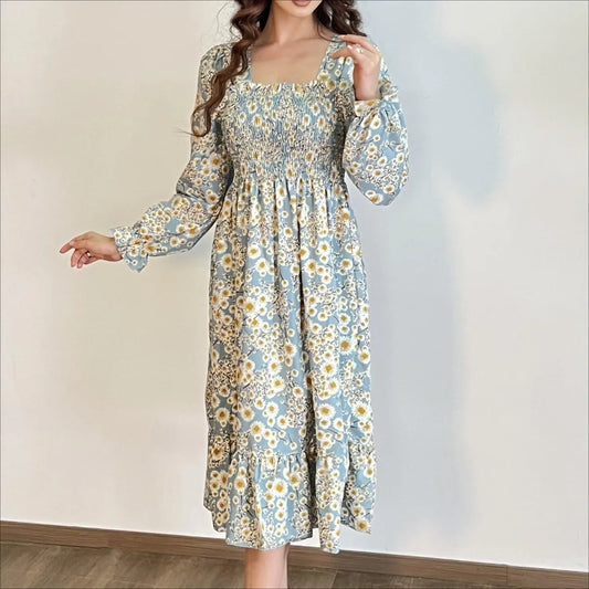 Autumn Spring Casual Dress Women Chiffon Dresses Long Sleeve A-line Printed Floral Elastic Chest Lace Up Midi Dresses Vestidos