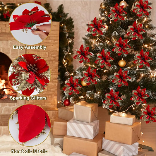 Künstliche Glitzer-Weihnachtsdekoration – Blumen für Weihnachtsbaumschmuck – Gefälschte Blumen – Neujahrs- & Partydekoration – Heimdekoration Weihnachten
