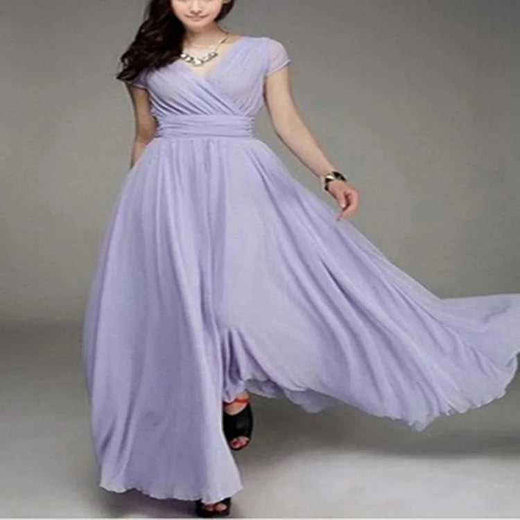 Women's Short-Sleeved Chiffon Evening Dress, Female Party Dress, Monochromatic, Bohemian, Long, Elegant, New, 2022