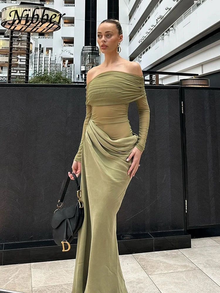 Nibber Sexy Dress Women 2025 Spring Patchwork Mesh Elegant Slash Neck Ruched Fit Chic Birthday Party Festival Vacation Vestidos