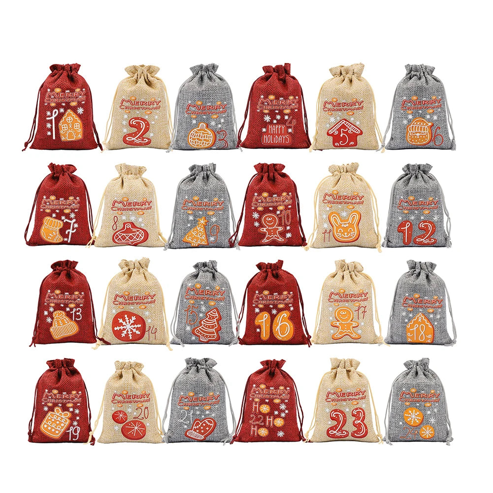 Weihnachts-Adventskalender-Taschen, 24-Tage-Countdown-Set, Süßigkeitentaschen mit Kordelzug, Geschenktüten zum Aufhängen für Party und Heimdekoration