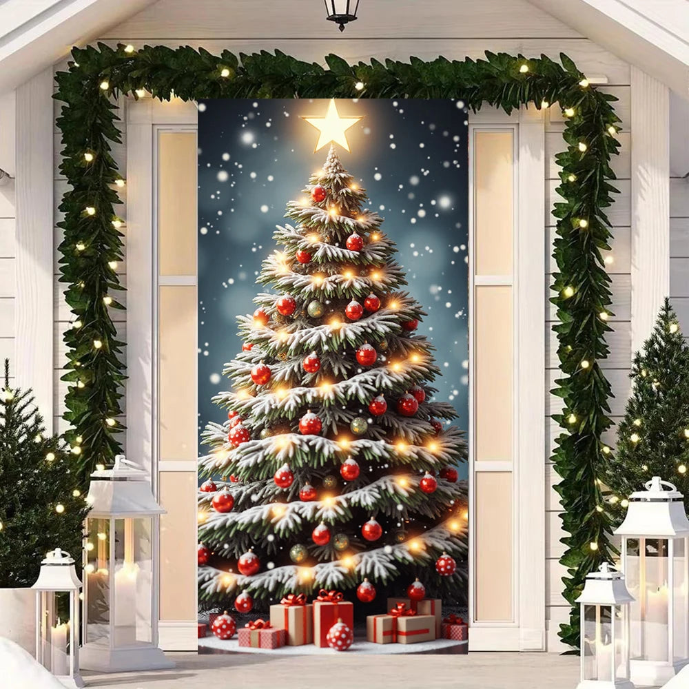 Große Weihnachtsbaum-Muster-Türabdeckung, 185 x 90 cm, Banner, vielseitig einsetzbar, zum Aufhängen, für Zuhause, Outdoor, Dekorationen für Eingänge, Zimmer, Küche
