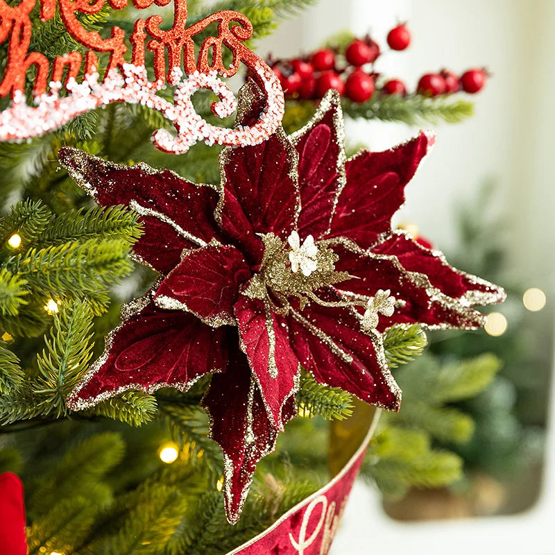 Künstliche Glitzer-Weihnachtsdekoration – Blumen für Weihnachtsbaumschmuck – Gefälschte Blumen – Neujahrs- & Partydekoration – Heimdekoration Weihnachten