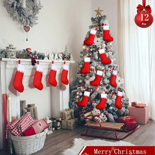 12 Stück Weihnachtsstrümpfe – Festliche rote Socken mit Weihnachtsmann- & Rentier-Design, Weihnachtsdeko für Zuhause & Geschenke
