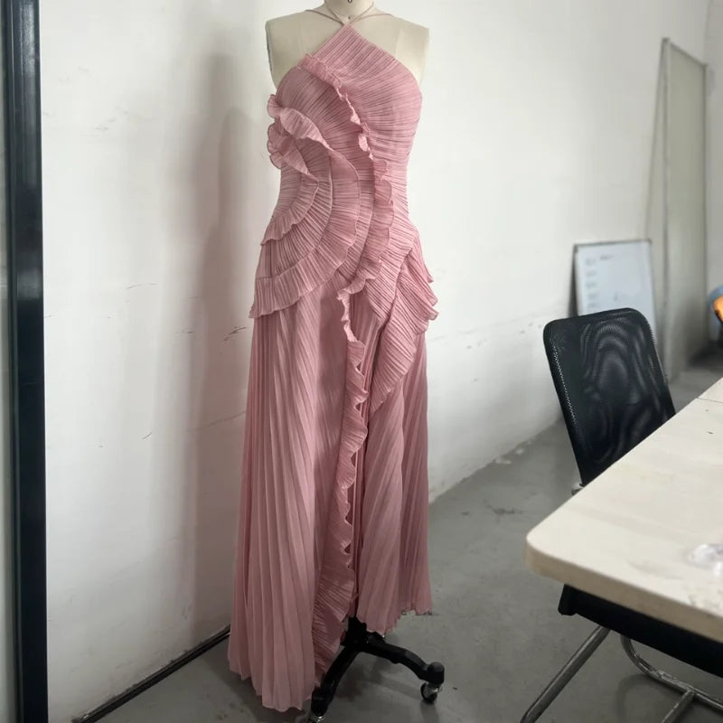 Gown Neck Strap Irregular Long Dress For Women Ruffle Sleeveless High Waist Backless Dresses 2025 New Summer Elegant Party Y2k