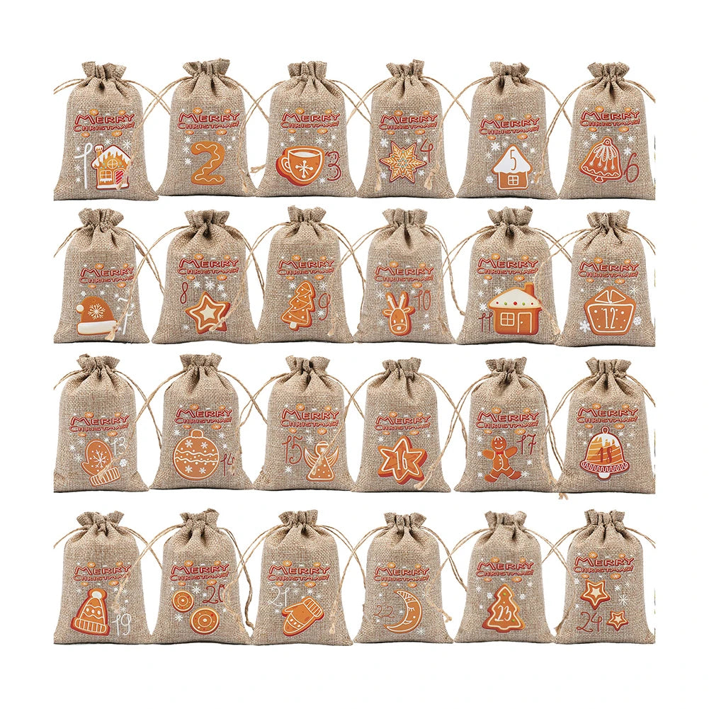 Weihnachts-Adventskalender-Taschen, 24-Tage-Countdown-Set, Süßigkeitentaschen mit Kordelzug, Geschenktüten zum Aufhängen für Party und Heimdekoration