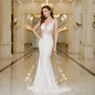 MisShow Elegant Straps White Mermaid Wedding Dresses Lace Pearls Backless V Neck Sleeveless Formal Party Gowns Vestido Marriee
