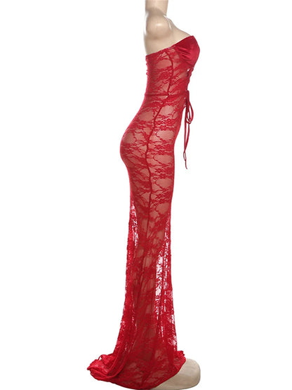 Nibber Lace Sexy Women Maxi Dress Stunning Coquette See Through Patchwork Drawstring Strapless Bodycon Mujer Midnight Club Robe