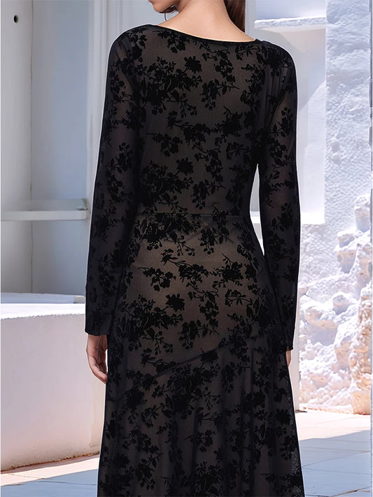 Women's Long Flared Sleeve round Neck Black Floral Lace Elegant Midi Dress Spring Summer Fashionable Casual Maxi Gown