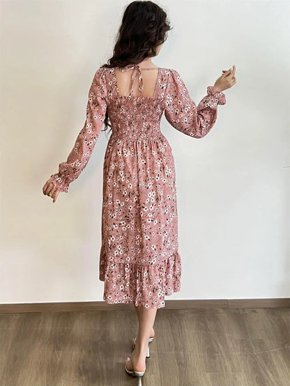 Autumn Spring Casual Dress Women Chiffon Dresses Long Sleeve A-line Printed Floral Elastic Chest Lace Up Midi Dresses Vestidos