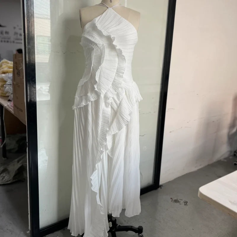 Gown Neck Strap Irregular Long Dress For Women Ruffle Sleeveless High Waist Backless Dresses 2025 New Summer Elegant Party Y2k