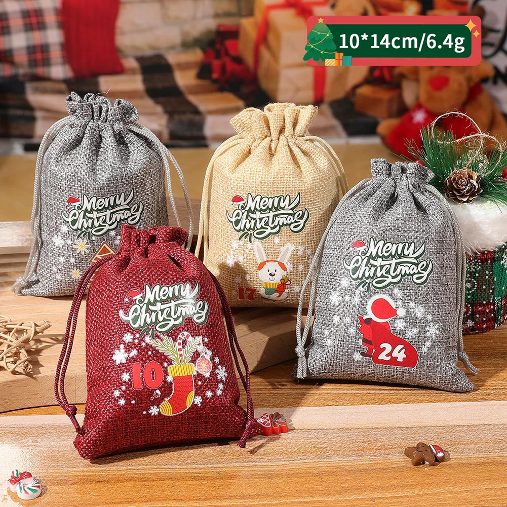 Weihnachts-Adventskalender-Taschen, 24-Tage-Countdown-Set, Süßigkeitentaschen mit Kordelzug, Geschenktüten zum Aufhängen für Party und Heimdekoration