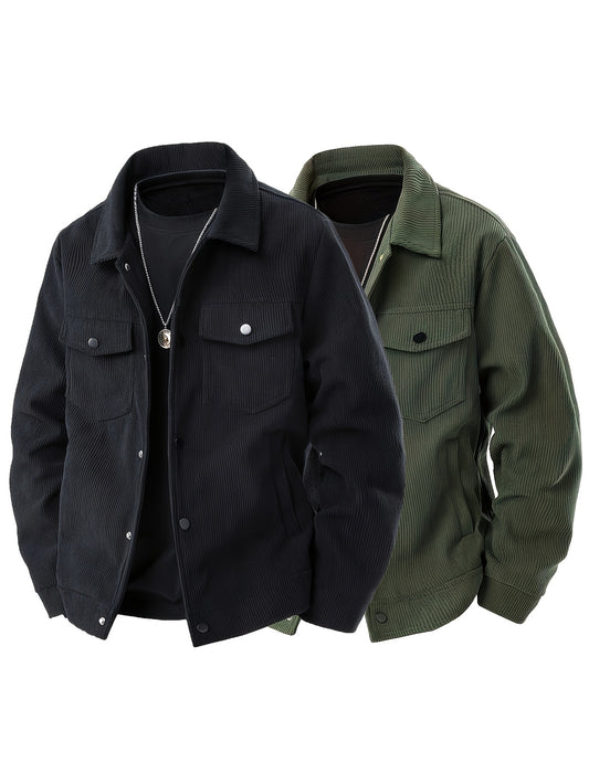 2pcs Men's Multicolor Corduroy Work Jacket - College Style Casual Outerwear with Button Design, Turn- Collar and Flap Pockets for Office Workers and Professionals, Windproof & Wrinkle-Free Fabric, Machine Washable