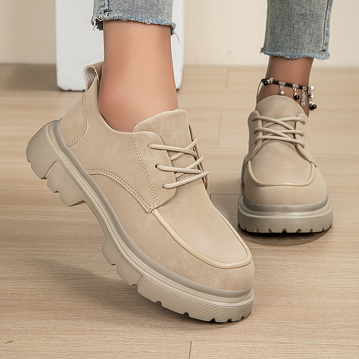 Damen Chunky Platform Sneaker – Beige All-Season Schnürschuhe mit dicker EVA-Sohle, Fußgewölbeunterstützung & Gepolsterter Innensohle – Vielseitige Freizeitschuhe & Arbeitsschuhe (Breite Größen Verfügbar)