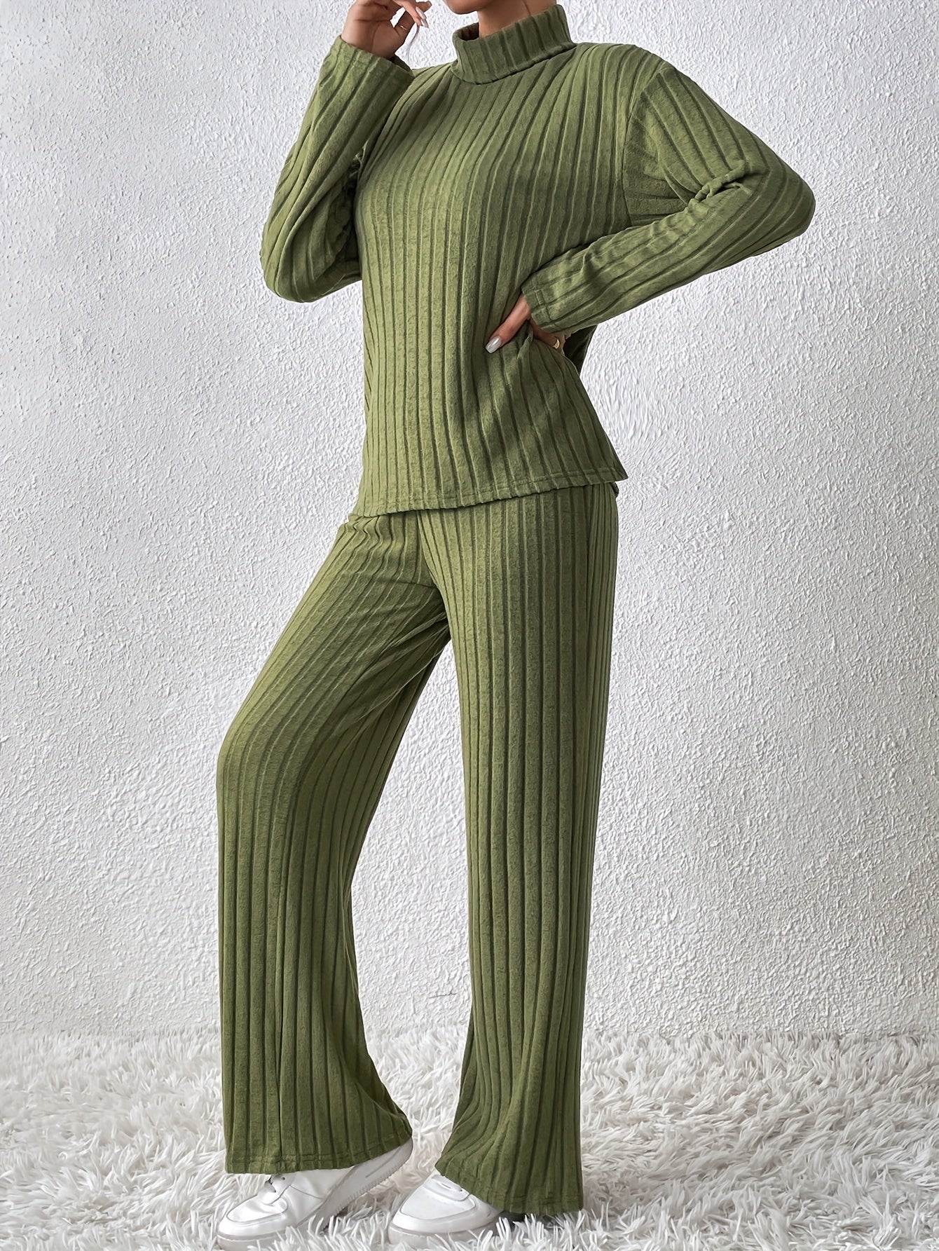 Damen Fleece Sweatshirt & Jogger Set – Weiches High-Neck Oberteil mit Rippstruktur & Locker geschnittene Straight-Leg Hose – Schwarzes Cozy Lounge Set für Herbst & Winter