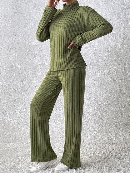 Damen Fleece Sweatshirt & Jogger Set – Weiches High-Neck Oberteil mit Rippstruktur & Locker geschnittene Straight-Leg Hose – Schwarzes Cozy Lounge Set für Herbst & Winter