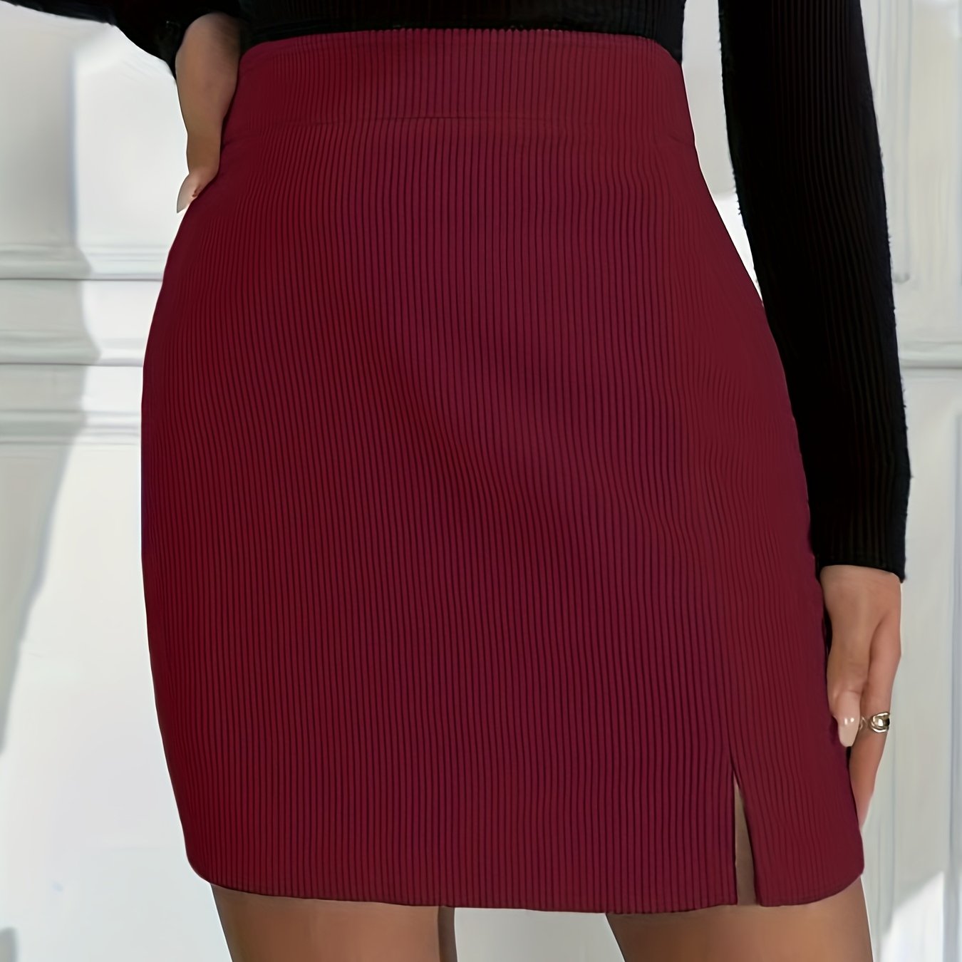 Damen Eleganter Unifarbener Rock mit Schlitz – Schicker All-Season Büro- & Partyrock mit Reißverschluss, Figurbetonte Passform & Hochwertiger Verarbeitung