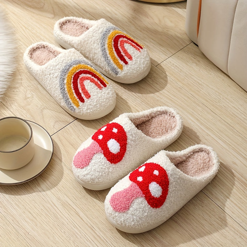 Gemütliche Damen-Winterhausschuhe – Weiches Fleece mit Herz- & Regenbogen-Motiv – Perfekt für drinnen