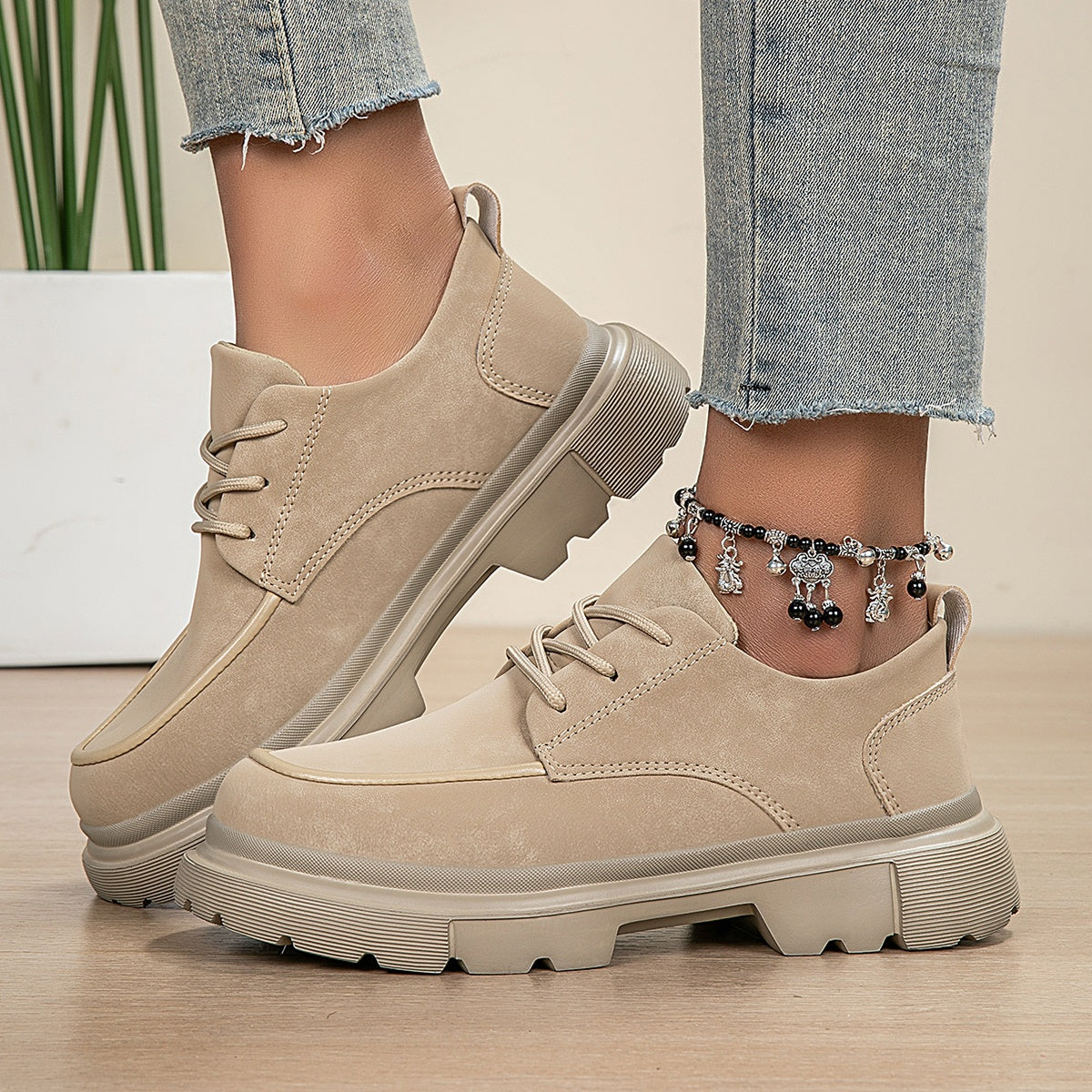 Damen Chunky Platform Sneaker – Beige All-Season Schnürschuhe mit dicker EVA-Sohle, Fußgewölbeunterstützung & Gepolsterter Innensohle – Vielseitige Freizeitschuhe & Arbeitsschuhe (Breite Größen Verfügbar)