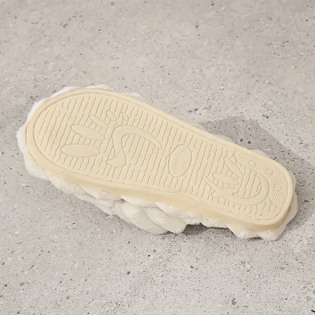 Damen Gemütliche Slip-On Hausschuhe aus Stoff mit Geflochtenen Riemen – Weiches Beige, Cross-Strap Design – Bequeme All-Season Hausschuhe zum Entspannen