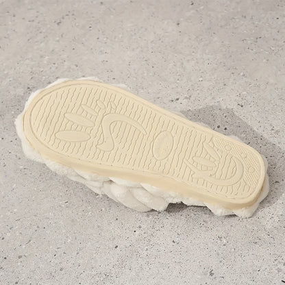 Damen Gemütliche Slip-On Hausschuhe aus Stoff mit Geflochtenen Riemen – Weiches Beige, Cross-Strap Design – Bequeme All-Season Hausschuhe zum Entspannen