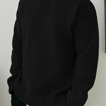 Herren Pullover mit Rundhalsausschnitt – Lockerer Strickpullover in Uni-Farbe für Herbst und Winter, Leicht Elastisch, Bequeme Passform