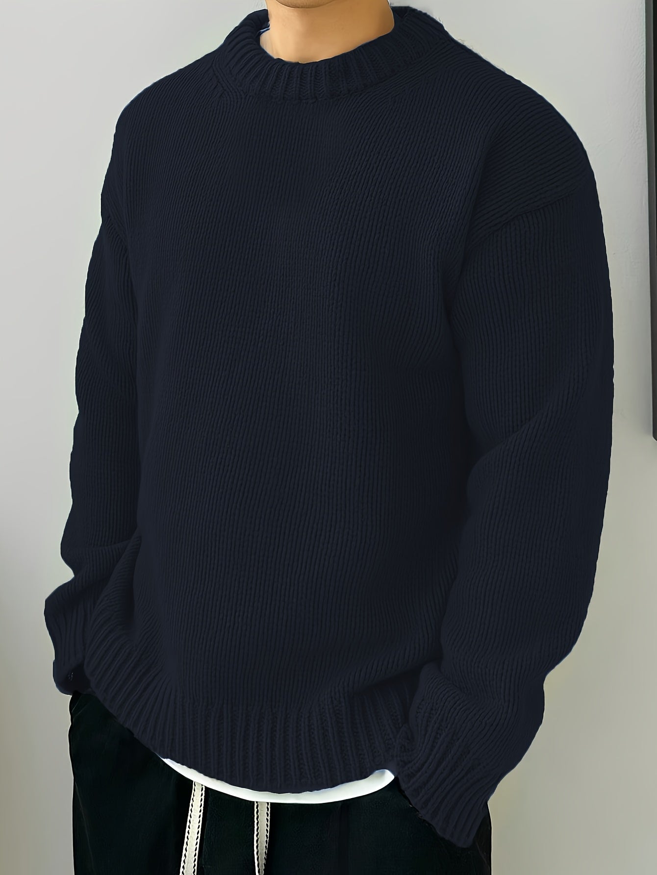 Herren Pullover mit Rundhalsausschnitt – Lockerer Strickpullover in Uni-Farbe für Herbst und Winter, Leicht Elastisch, Bequeme Passform