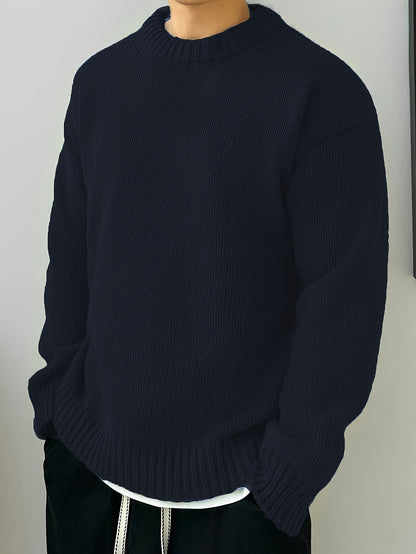 Herren Pullover mit Rundhalsausschnitt – Lockerer Strickpullover in Uni-Farbe für Herbst und Winter, Leicht Elastisch, Bequeme Passform