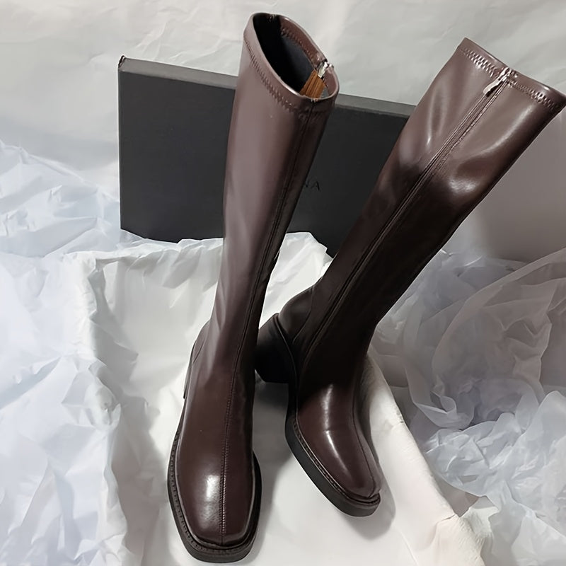 Damen Chunky Mid-Heel Stiefel – Slip-On mit synthetischem Obermaterial & rutschfester Gummisohle – Elegante schwarze Boots für formelle Anlässe, Partys & Alltag – Ganzjahres-Schuhwerk mit stylischem Design