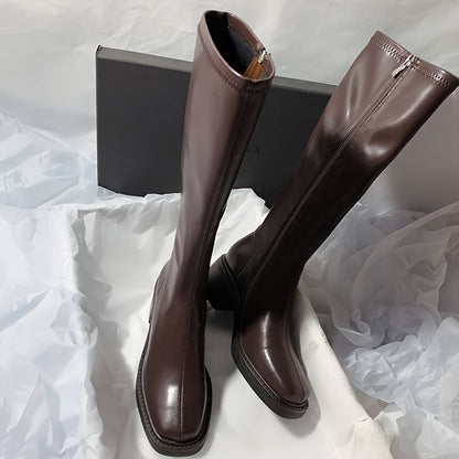 Damen Chunky Mid-Heel Stiefel – Slip-On mit synthetischem Obermaterial & rutschfester Gummisohle – Elegante schwarze Boots für formelle Anlässe, Partys & Alltag – Ganzjahres-Schuhwerk mit stylischem Design