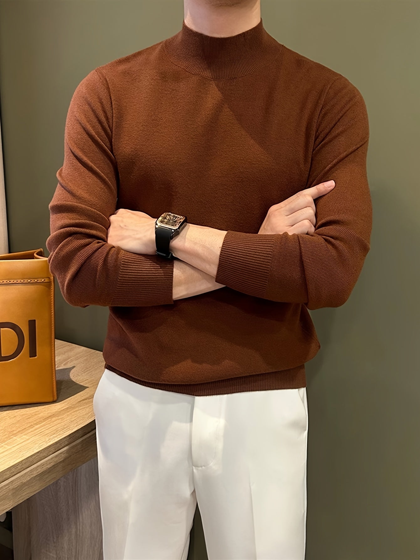 Herren Strickpullover in Braun mit Stehkragen – Weicher, warm­er Winterpullover mit Langarm, atmungsaktiv & schweißableitend – Casual & Büro, Regular Fit