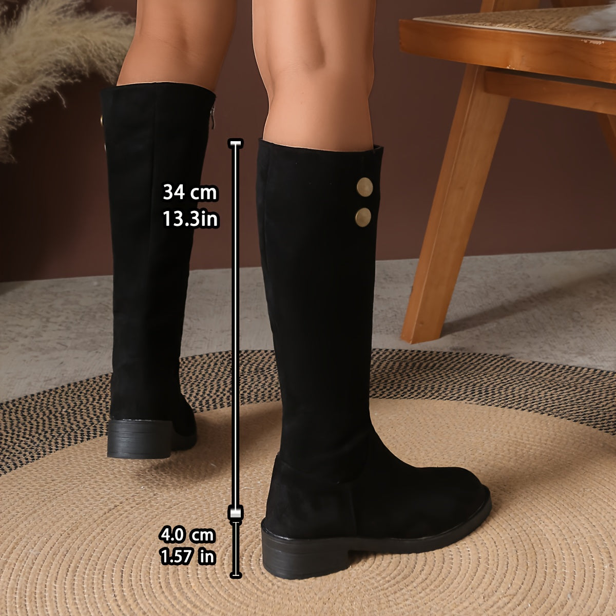 Damen Weite Chunky Mid-Heel Stiefel von Knöchel bis Oberschenkel – Braun, Voller Reißverschluss, Rundzehen-Kragen & PU-Sohle – Warme Winterstiefel für Freizeit & Dresscode