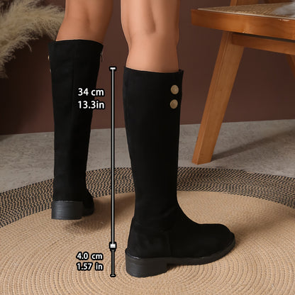 Damen Weite Chunky Mid-Heel Stiefel von Knöchel bis Oberschenkel – Braun, Voller Reißverschluss, Rundzehen-Kragen & PU-Sohle – Warme Winterstiefel für Freizeit & Dresscode